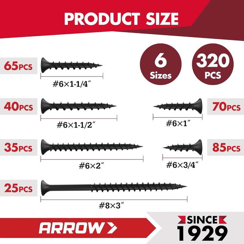 Arrow Fastener Arrow Drywall Screws Assortment Kit, 320pcs #6 & #8 Black Wood Screws, #2 Phillips Bugle Head, Coarse Thread Sharp Tips for Drywall, Wood, Soft Metal (6 Sizes: 3/4", 1",1-1/4", 1-1/2", 2", 3") - Image 3